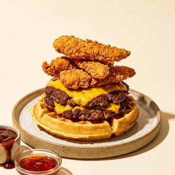 The Knockout: waffle, cheeseburger patty and chicken strips